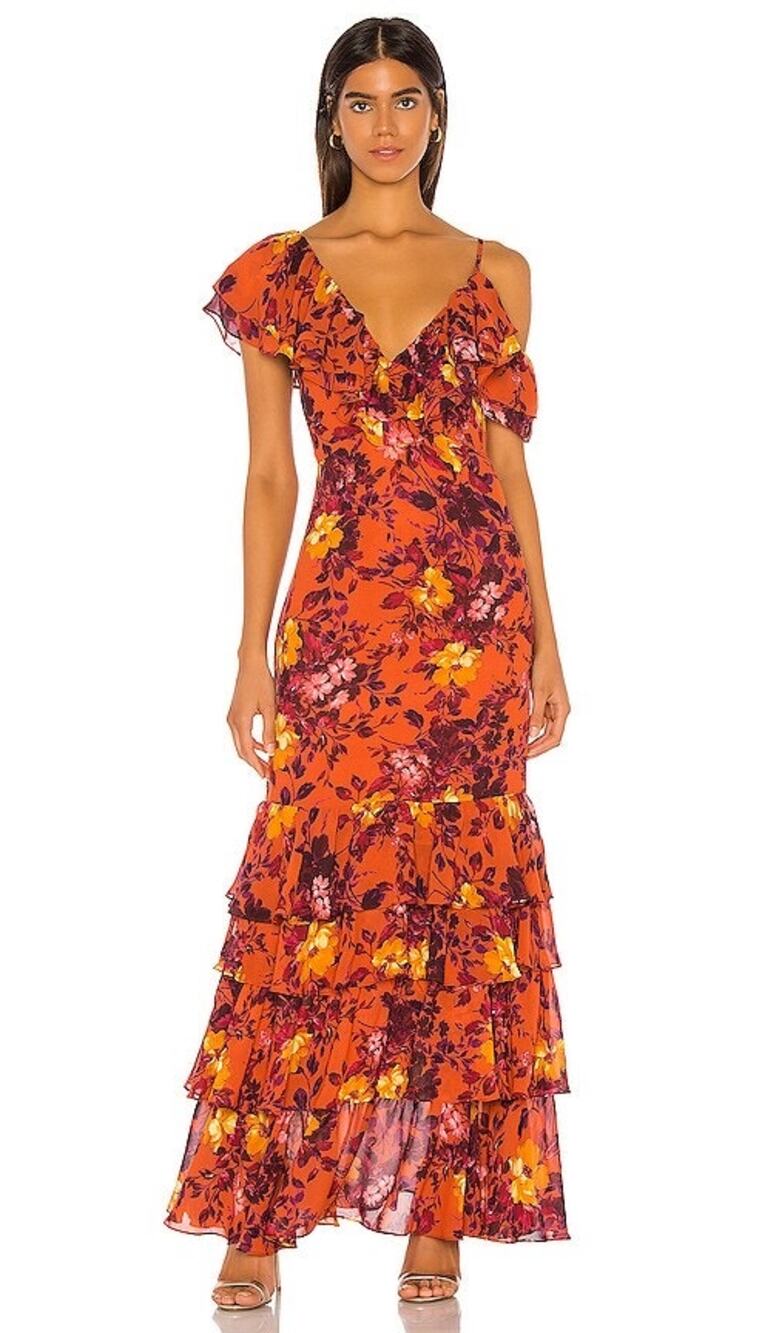 Divine Heritage REVOLVE Ruffle Tier Maxi Gown Dress Rust Vanishing Floral Size M